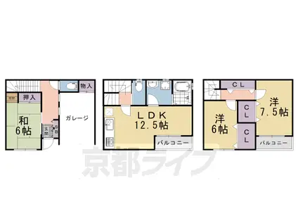 京都市烏丸線 五条駅(京都市営) 徒歩5分 3階建 築27年(3LDK)の間取り写真