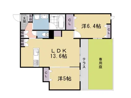 山陰本線 太秦駅(ＪＲ) 徒歩10分 3階建 築1年(2LDK/1階)の間取り写真