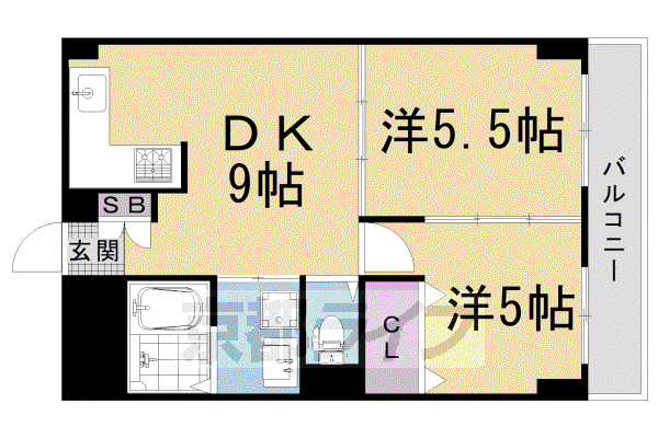 東海道本線 西大路駅 徒歩10分 7階建 築53年(2LDK/2階)の間取り写真