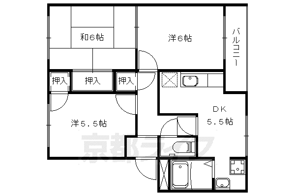 東海道本線 山科駅 徒歩13分 2階建 築34年(3DK/2階)の間取り写真