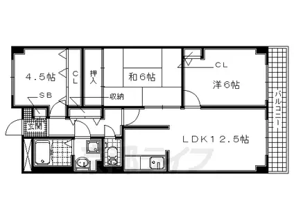 京阪電気鉄道宇治線 三室戸駅 徒歩5分 7階建 築29年(3LDK/4階)の間取り写真