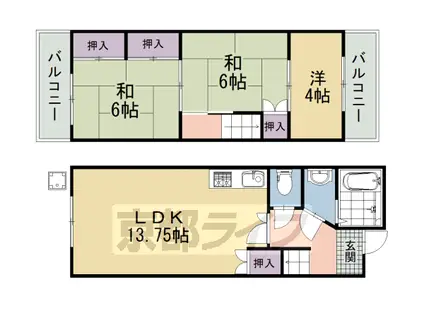 近鉄京都線 小倉駅(京都) 徒歩7分 2階建 築43年(3LDK)の間取り写真