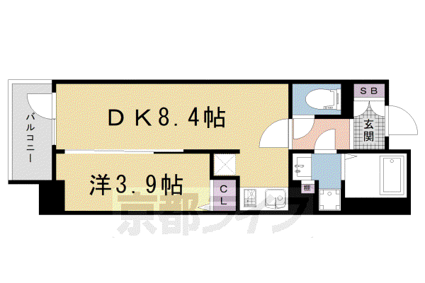 アクアプレイス京都千本丸太町(1DK/2階)の間取り写真