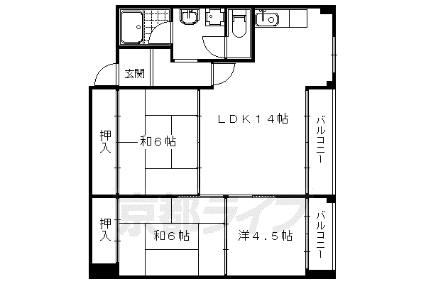 山陰本線 円町駅 徒歩3分 6階建 築44年(3LDK/3階)の間取り写真