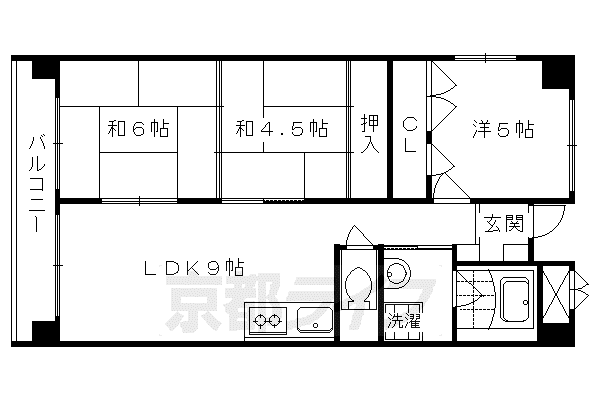 山陰本線 円町駅 徒歩3分 6階建 築45年(3LDK/2階)の間取り写真