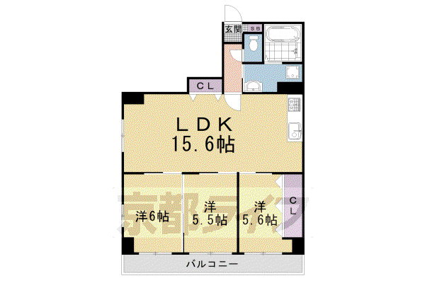 山陰本線 円町駅 徒歩7分 6階建 築42年(3LDK/6階)の間取り写真