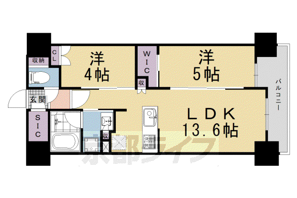 山陰本線 丹波口駅 徒歩2分 9階建 築1年(2LDK/5階)の間取り写真