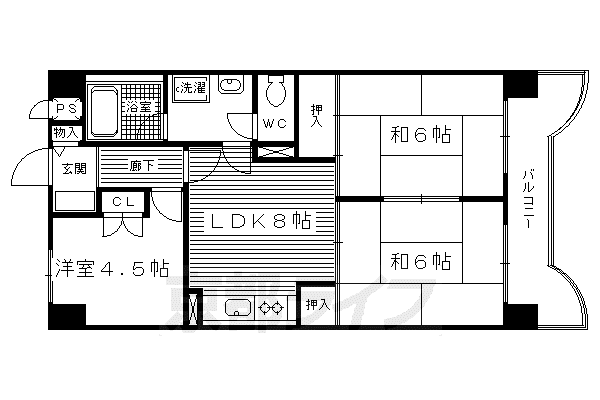 京都市東西線 西大路御池駅 徒歩9分 8階建 築41年(3LDK/2階)の間取り写真