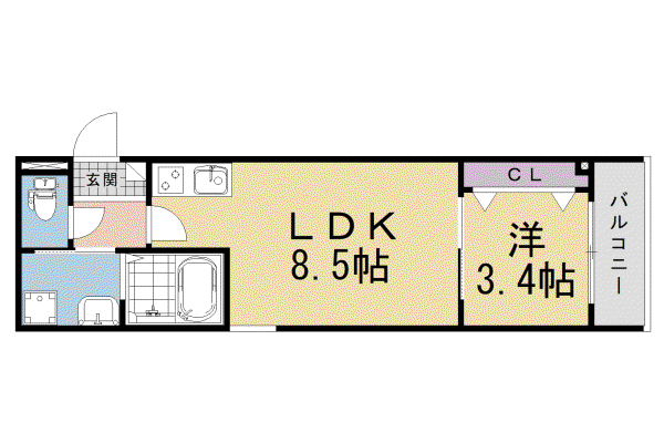 京都市東西線 石田駅(京都市営) 徒歩4分 3階建 新築(1LDK/2階)の間取り写真
