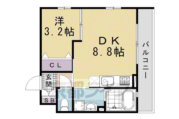 近鉄京都線 近鉄丹波橋駅 徒歩3分 3階建 築1年(1DK/2階)の間取り写真