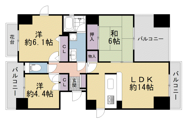 近鉄京都線 木津川台駅 徒歩19分 8階建 築30年(3LDK/1階)の間取り写真