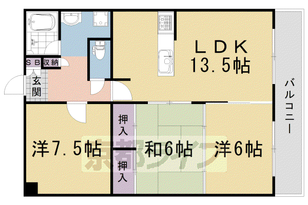 山陰本線 嵯峨嵐山駅 徒歩9分 6階建 築42年(3LDK/4階)の間取り写真