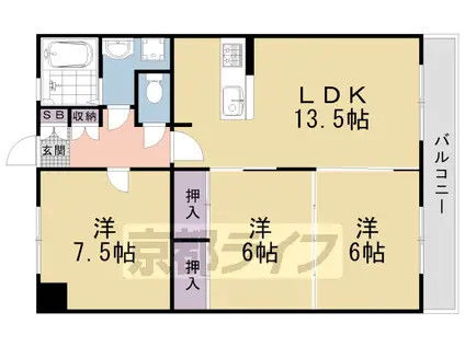 山陰本線 嵯峨嵐山駅 徒歩9分 6階建 築41年(3LDK/4階)の間取り写真