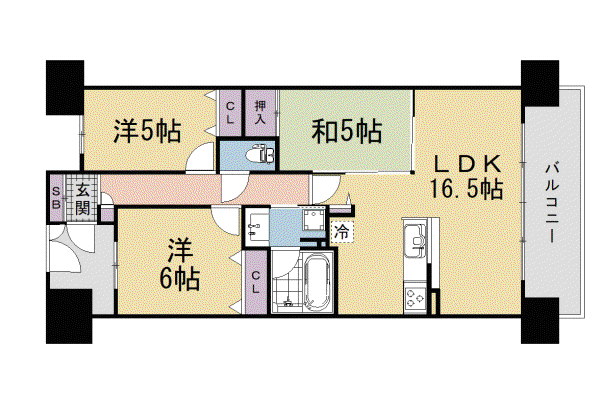 近鉄京都線 三山木駅 徒歩1分 14階建 築13年(3LDK/9階)の間取り写真