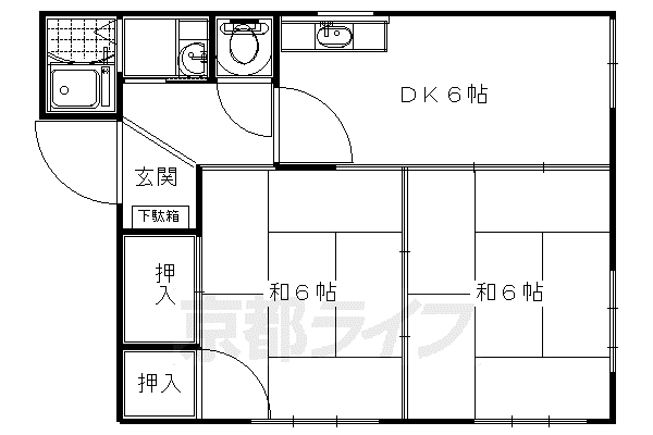 山陰本線 太秦駅(ＪＲ) 徒歩5分 2階建 築37年(2DK/1階)の間取り写真