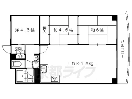山陰本線 丹波口駅 徒歩5分 11階建 築51年(3LDK/7階)の間取り写真