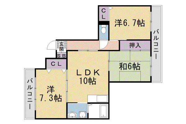 京福嵐山本線 有栖川駅 徒歩9分 3階建 築27年(3LDK/2階)の間取り写真