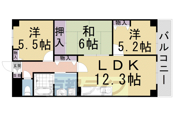 山陰本線 嵯峨嵐山駅 徒歩14分 5階建 築30年(3LDK/5階)の間取り写真
