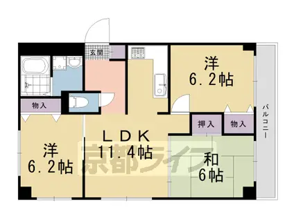 京都市東西線 太秦天神川駅 徒歩10分 5階建 築26年(3LDK/5階)の間取り写真