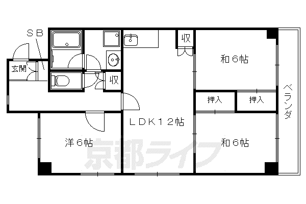 京都市烏丸線 北大路駅 徒歩23分 6階建 築43年(3LDK/5階)の間取り写真
