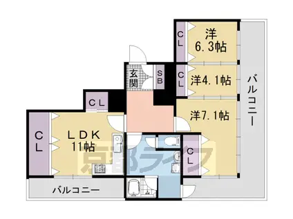 京福嵐山本線 四条大宮駅 徒歩6分 7階建 築34年(3LDK/7階)の間取り写真
