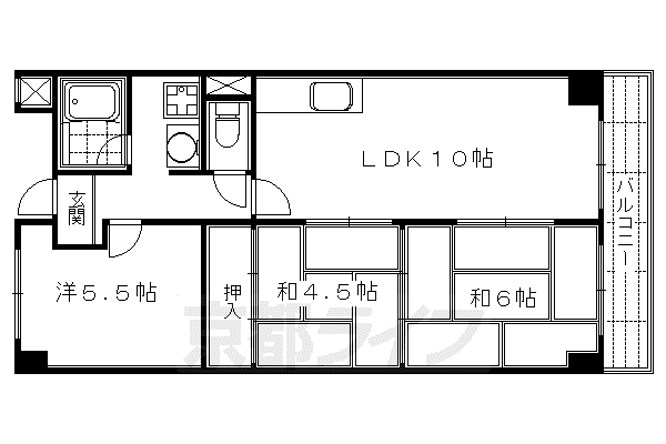 京都市烏丸線 烏丸御池駅 徒歩5分 6階建 築43年(3LDK/5階)の間取り写真