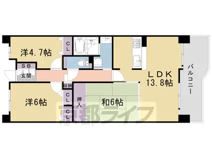 山陰本線 二条駅 徒歩5分 11階建 築27年(3LDK/4階)の間取り写真