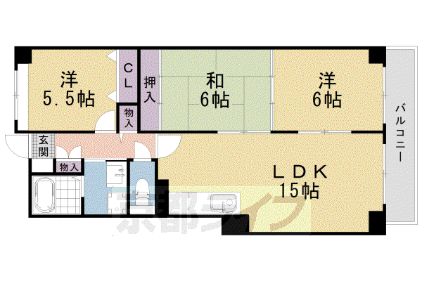 山陰本線 二条駅 徒歩1分 10階建 築27年(3LDK/2階)の間取り写真