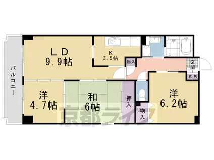 山陰本線 二条駅 徒歩3分 10階建 築23年(3LDK/6階)の間取り写真