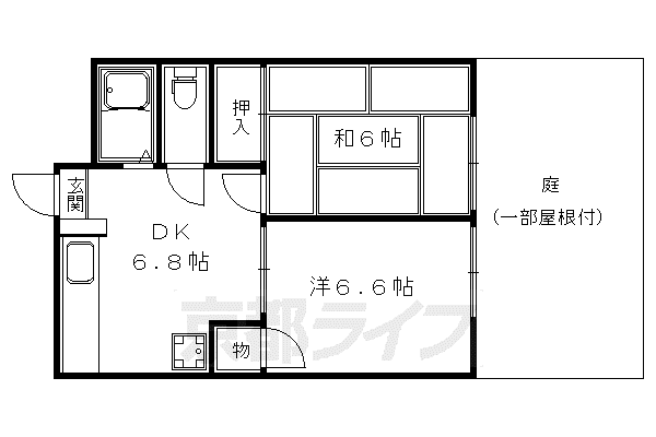 京都市烏丸線 烏丸御池駅 徒歩9分 6階建 築53年(2DK/1階)の間取り写真