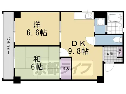 京都市烏丸線 烏丸御池駅 徒歩9分 6階建 築53年(2DK/4階)の間取り写真