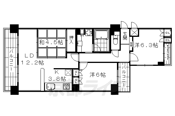 京都市烏丸線 烏丸御池駅 徒歩7分 11階建 築25年(3LDK/5階)の間取り写真