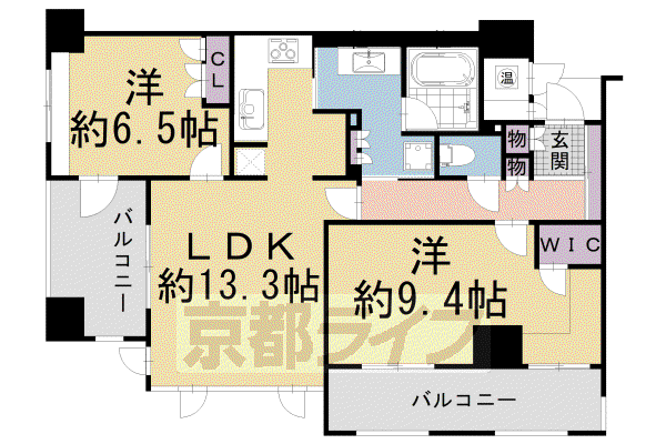 京都市東西線 烏丸御池駅 徒歩4分 15階建 築20年(2LDK/13階)の間取り写真
