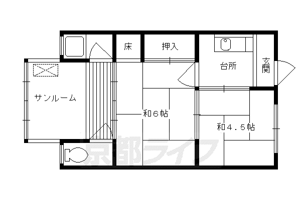 叡山電鉄 二軒茶屋駅(京都) 徒歩29分 2階建 築49年(2K/1階)の間取り写真