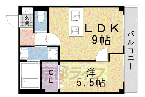 京福北野線 北野白梅町駅 徒歩15分 5階建 築41年(1LDK/5階)の間取り写真