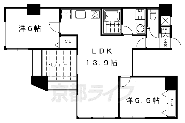 阪急電鉄京都線 京都河原町駅 徒歩5分 10階建 築25年(2LDK/4階)の間取り写真