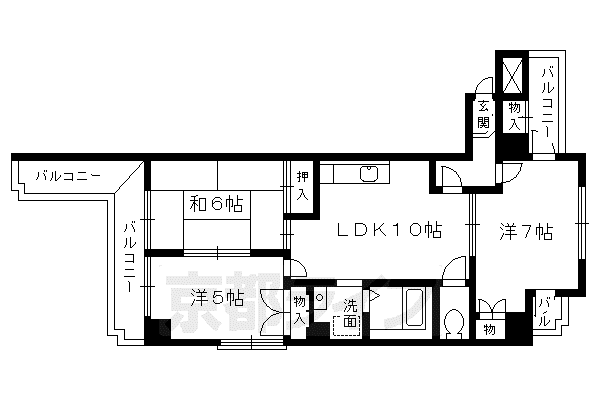京都市烏丸線 松ケ崎駅(京都) 徒歩2分 5階建 築41年(3LDK/3階)の間取り写真