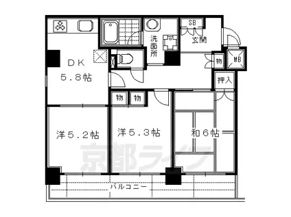 山陰本線 二条駅 徒歩1分 11階建 築40年(3DK/9階)の間取り写真