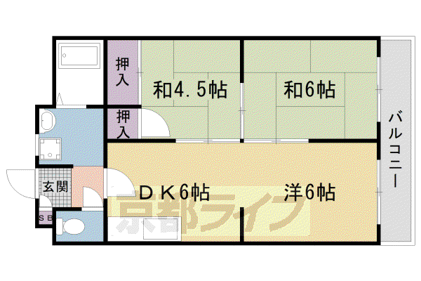 山陰本線 円町駅 徒歩6分 4階建 築46年(3DK/1階)の間取り写真