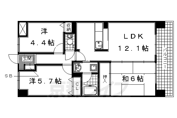 近鉄京都線 大久保駅(京都) 徒歩20分 7階建 築32年(3LDK/4階)の間取り写真