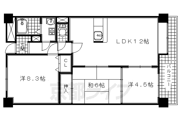近鉄京都線 伊勢田駅 徒歩4分 7階建 築28年(3LDK/2階)の間取り写真