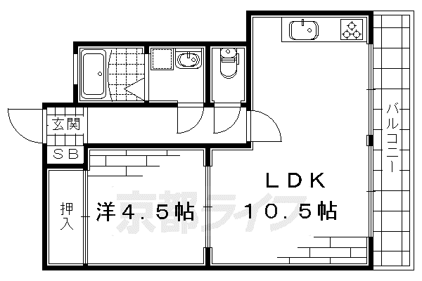 京都市烏丸線 くいな橋駅 徒歩10分 3階建 築51年(1LDK/3階)の間取り写真
