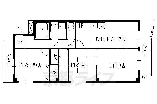 京都市烏丸線 北山駅(京都) 徒歩4分 4階建 築36年(3LDK/3階)の間取り写真
