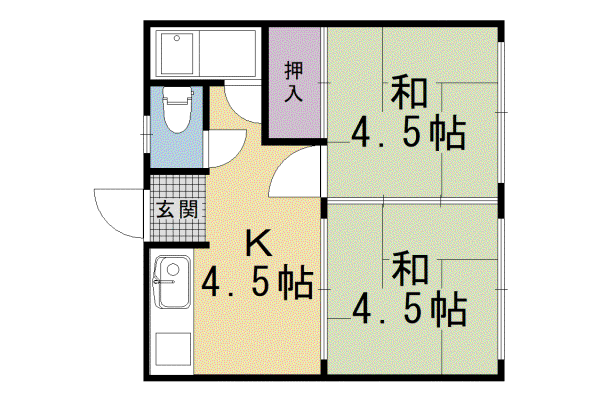 山陰本線 太秦駅(ＪＲ) 徒歩17分 2階建 築52年(2DK/2階)の間取り写真