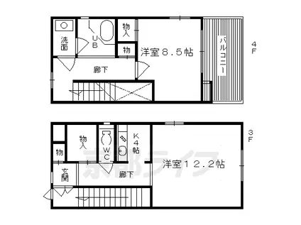 京都市烏丸線 烏丸御池駅 徒歩6分 4階建 築24年(2K/4階)の間取り写真
