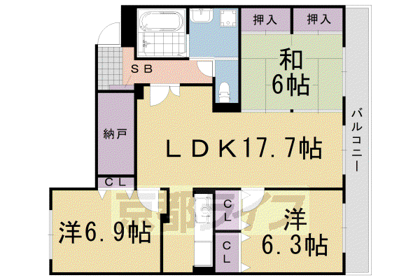 阪急電鉄嵐山線 上桂駅 徒歩10分 4階建 築30年(3LDK/1階)の間取り写真