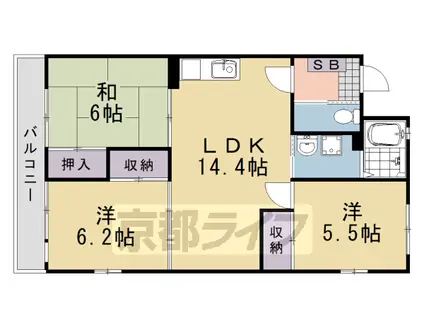 阪急電鉄嵐山線 上桂駅 徒歩10分 5階建 築28年(3LDK/4階)の間取り写真