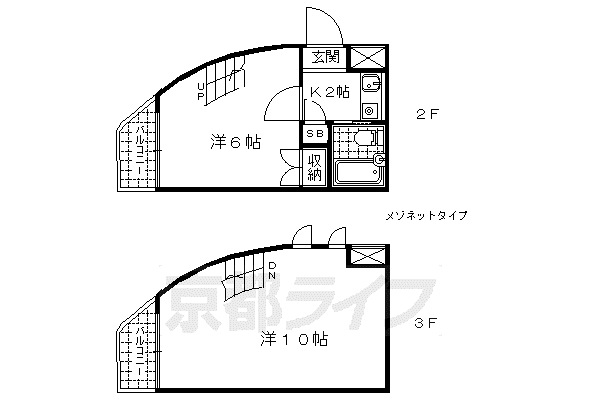 東海道本線 山科駅 徒歩8分 3階建 築34年(2K/2階)の間取り写真