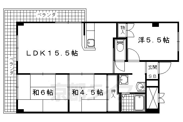 京都市東西線 椥辻駅 徒歩5分 6階建 築43年(3LDK/4階)の間取り写真