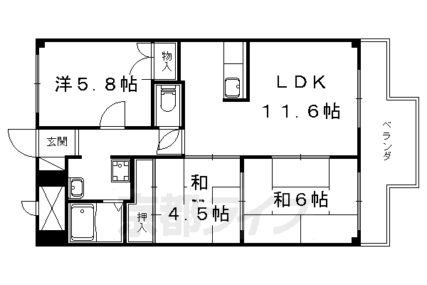 京都市東西線 椥辻駅 徒歩5分 6階建 築43年(3LDK/2階)の間取り写真